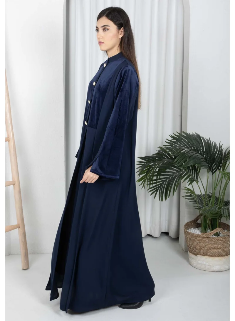 MSquare Fashion Navy Round Neck Nida and Velvet Abaya with Front Button Detailing
